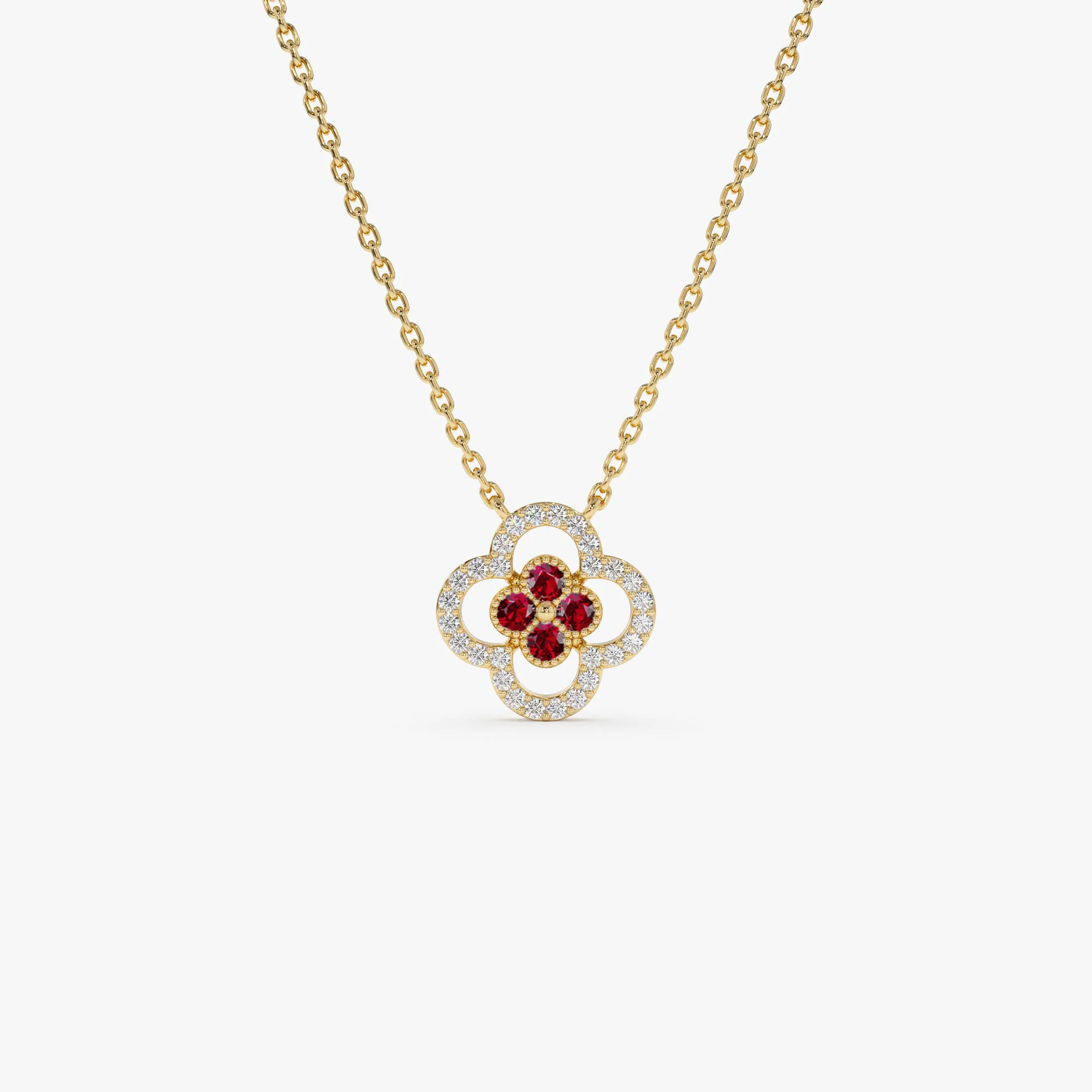 14k Ruby Clover Necklace in Halo Setting