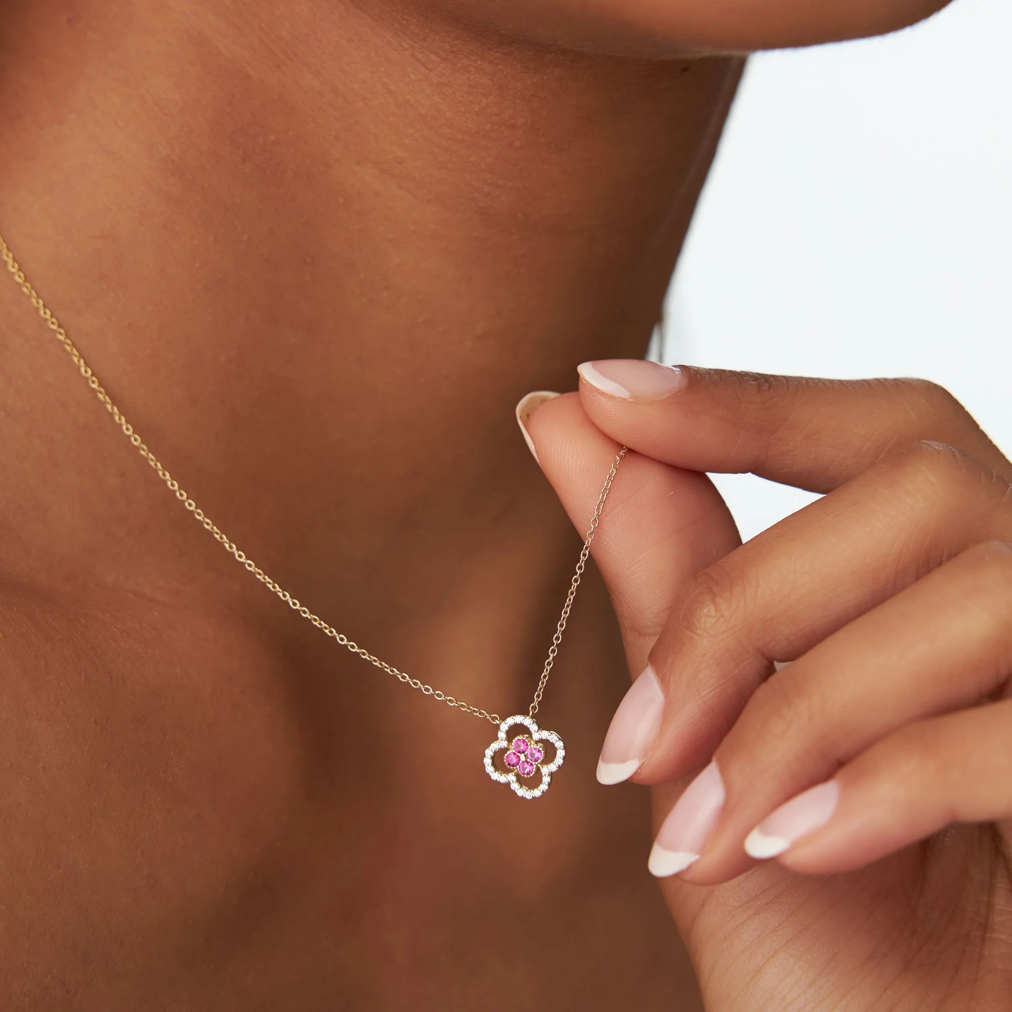 14k Ruby Clover Necklace in Halo Setting - Image 3