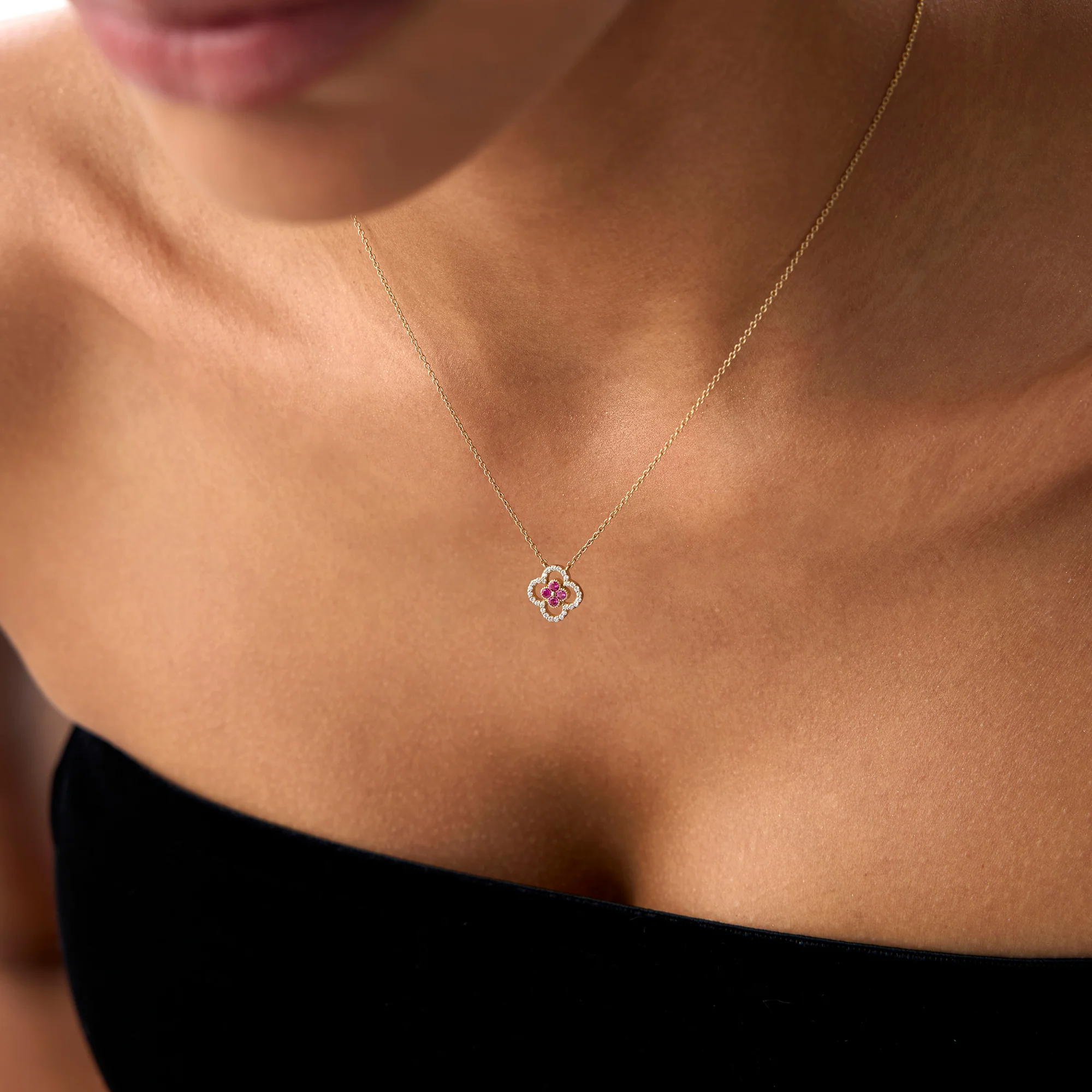 14k Ruby Clover Necklace in Halo Setting - Image 4