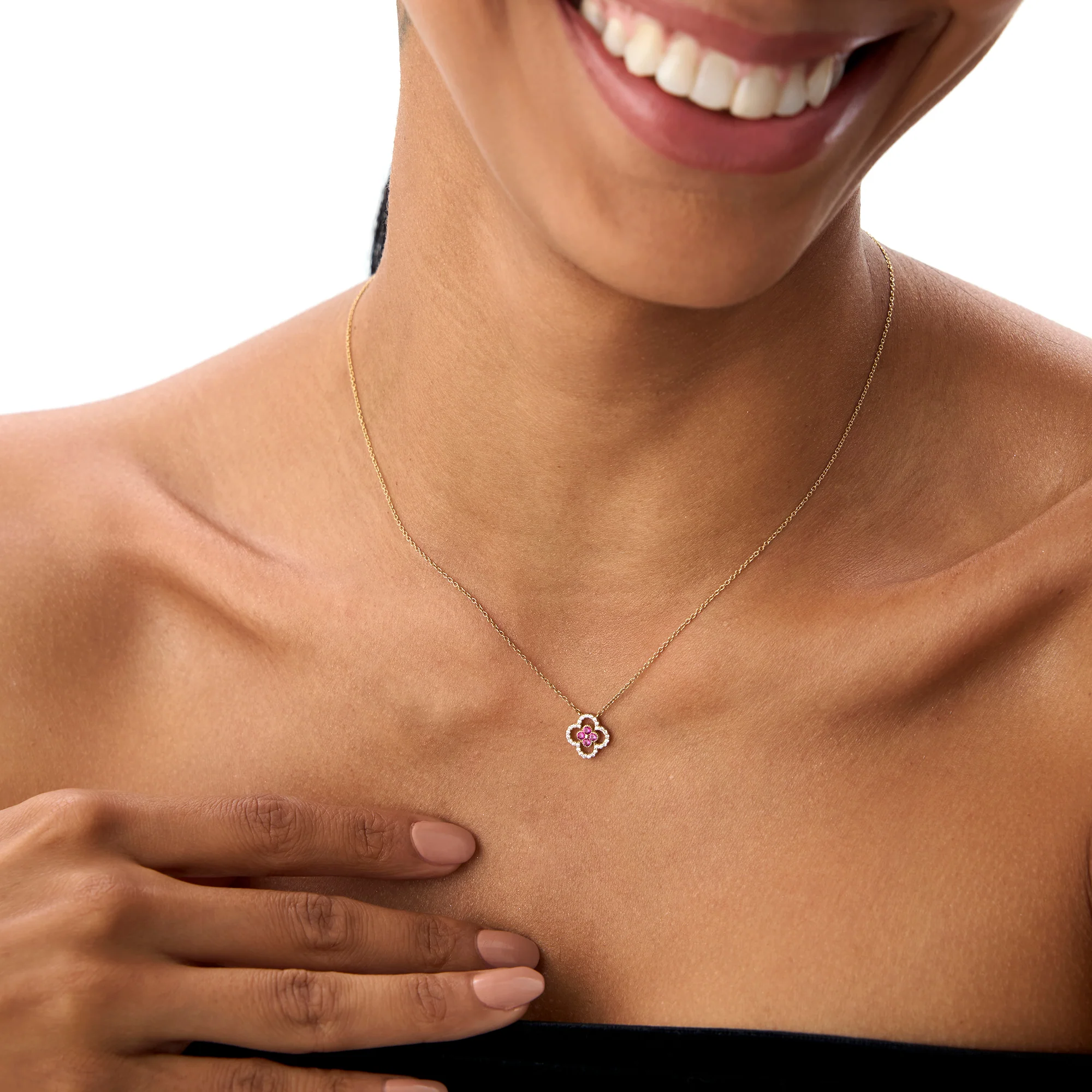 14k Ruby Clover Necklace in Halo Setting - Image 5