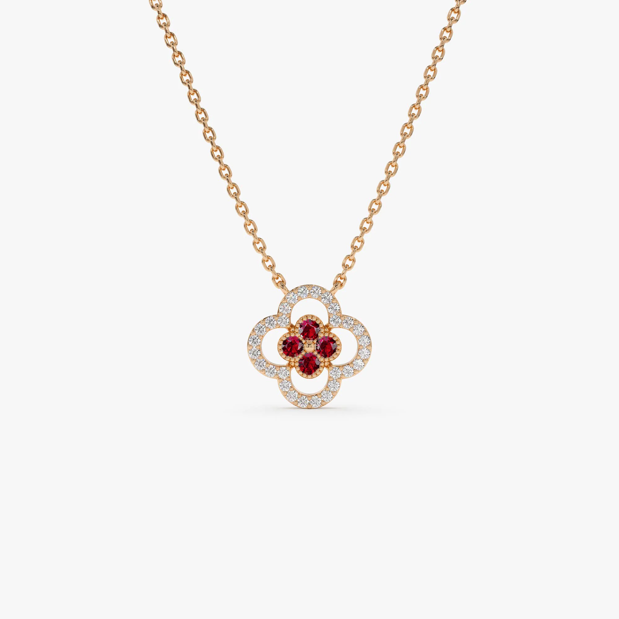 14k Ruby Clover Necklace in Halo Setting - Image 6