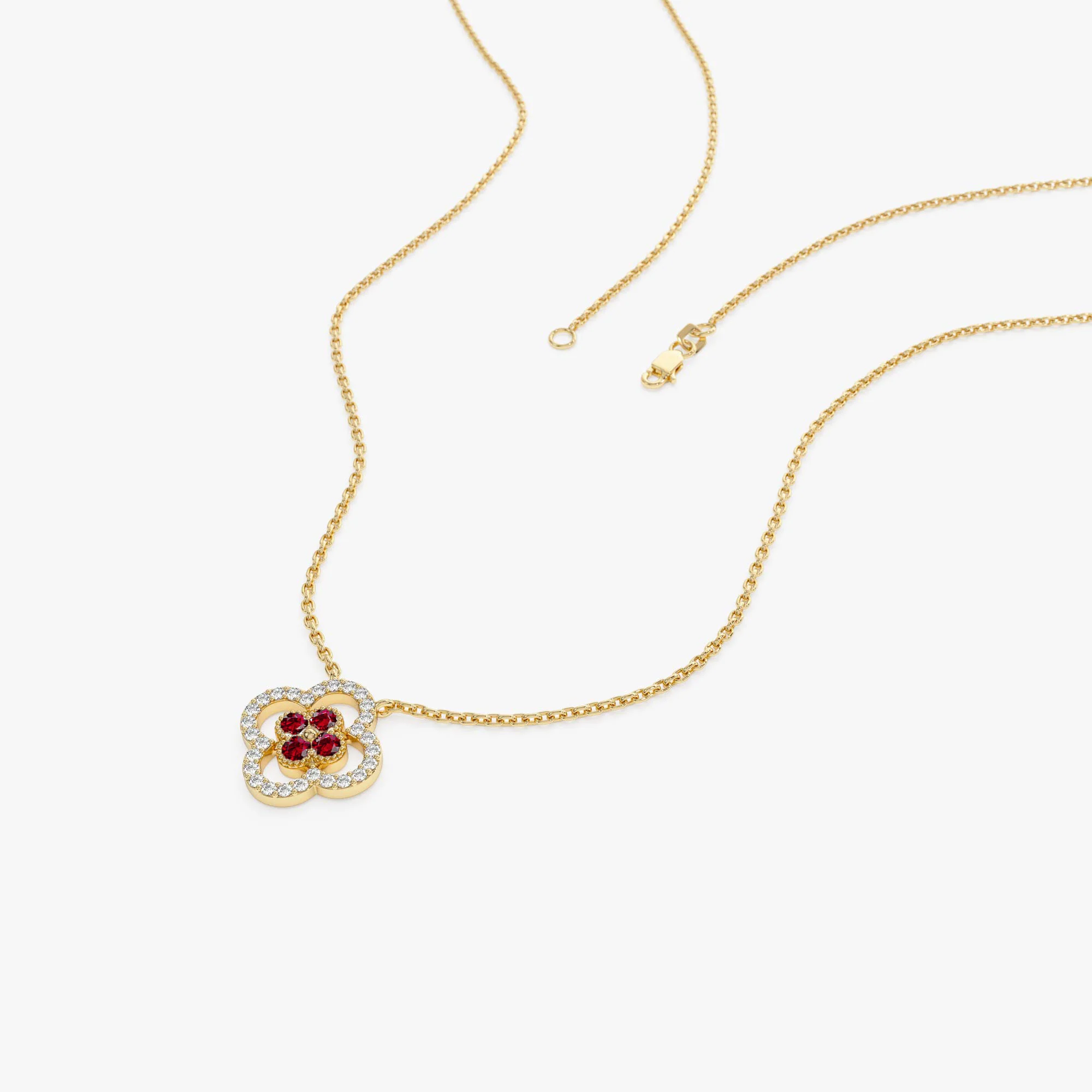 14k Ruby Clover Necklace in Halo Setting - Image 8