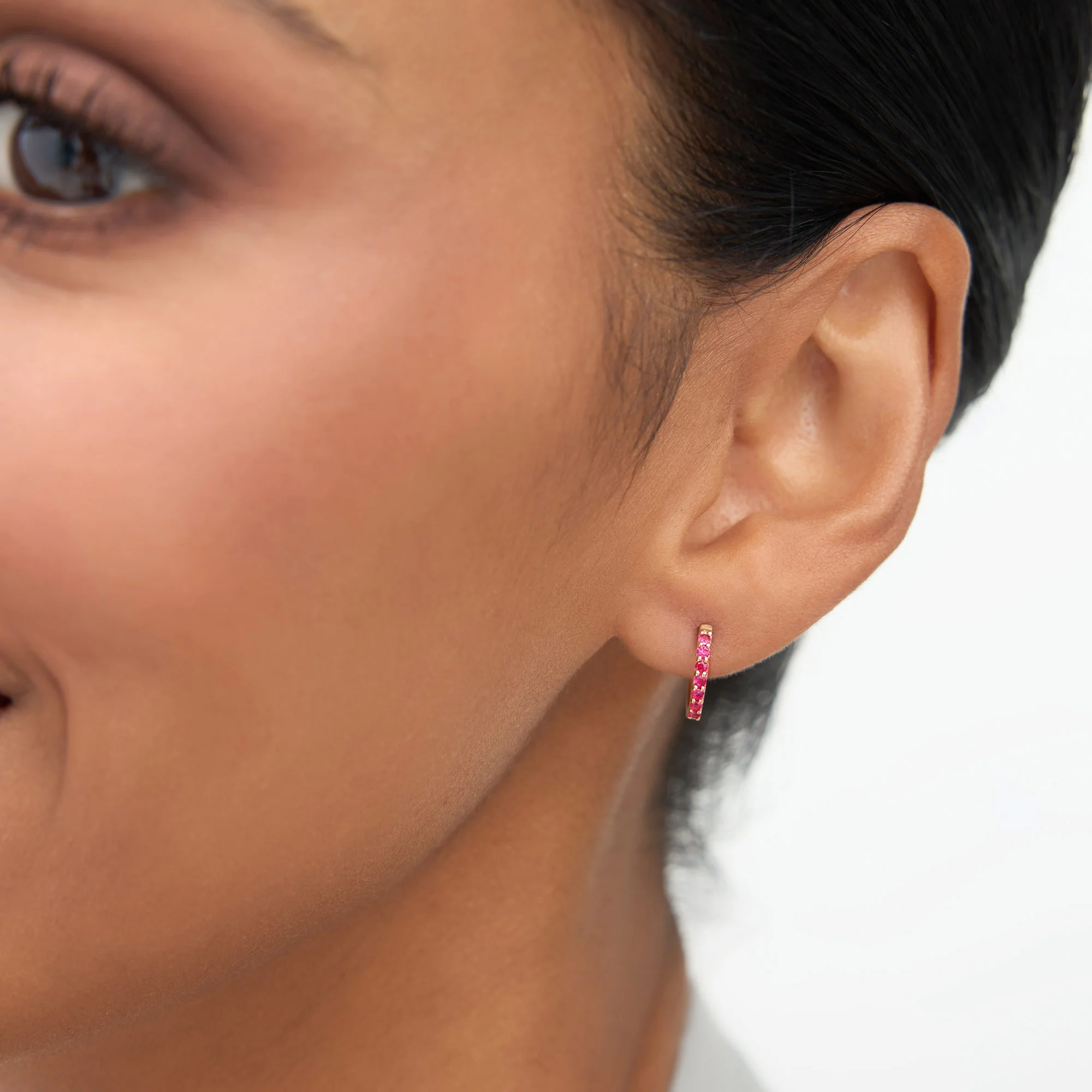 14K Gold Ruby Huggie Hoop Earrings - Image 2