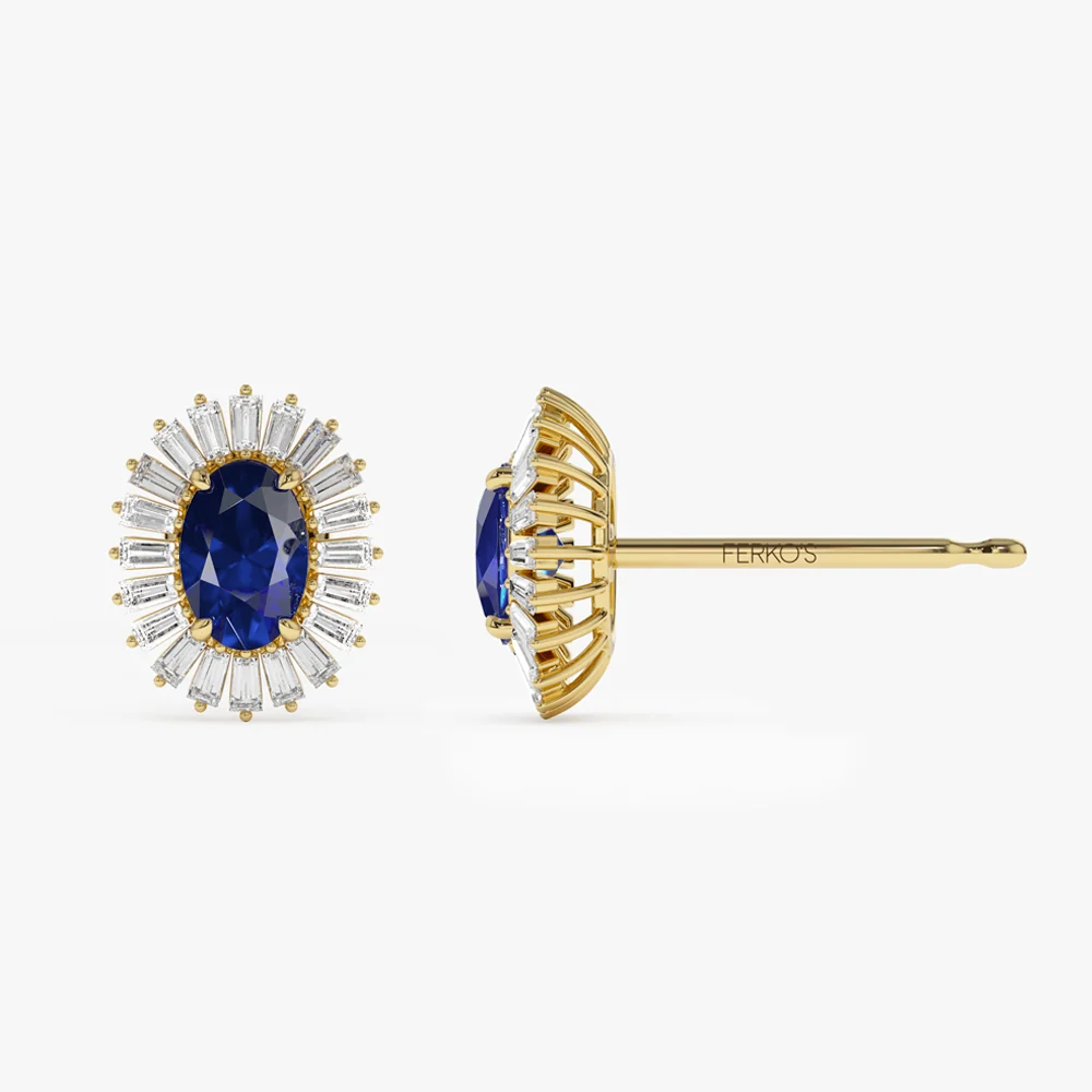 14k Sapphire and Baguette Diamond Ballerina Stud Earrings - Image 6