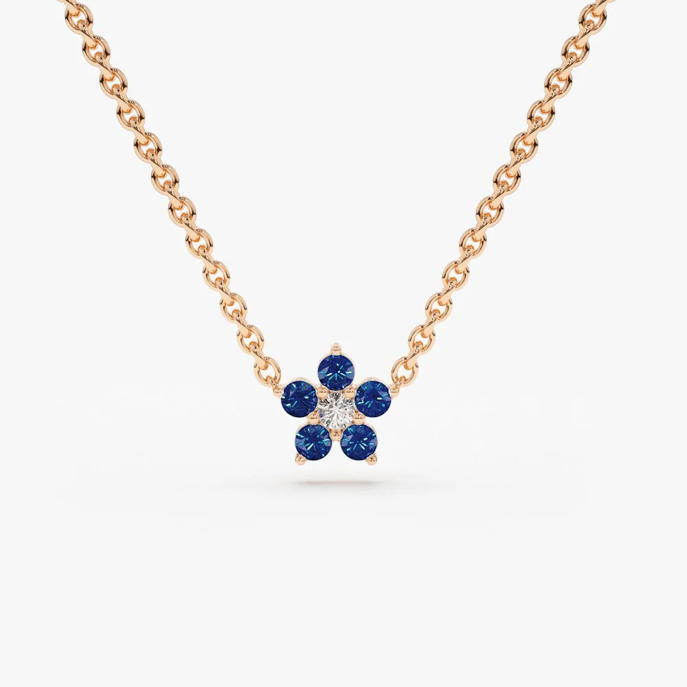 14k Sapphire and Diamond Flower Charm Necklace - Image 4