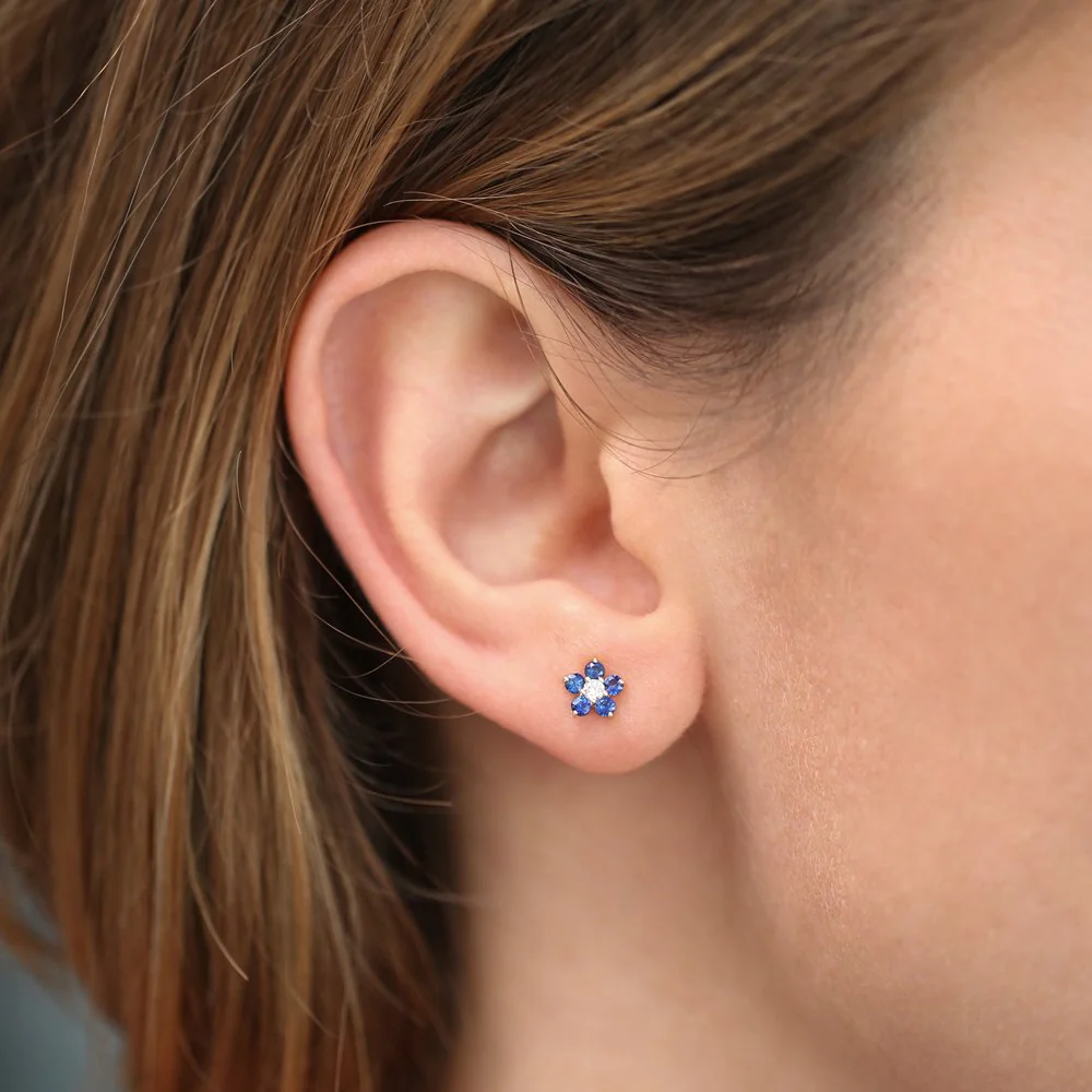 14k Sapphire and Diamond Flower Studs - Image 2