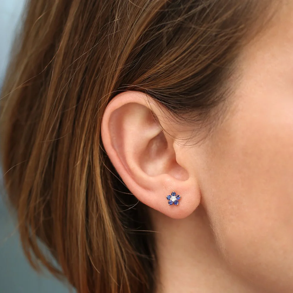 14k Sapphire and Diamond Flower Studs - Image 4