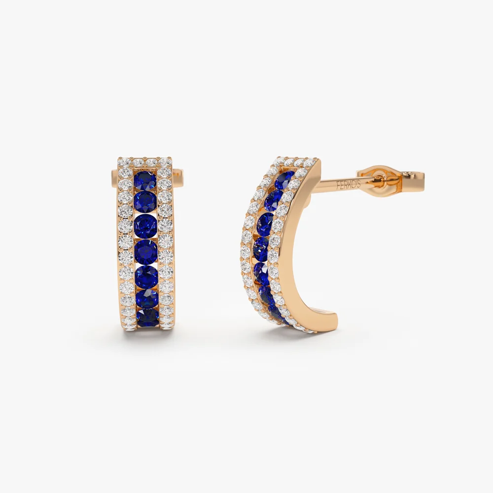 14k Sapphire and Round Diamond Hoop Earrings - Image 4
