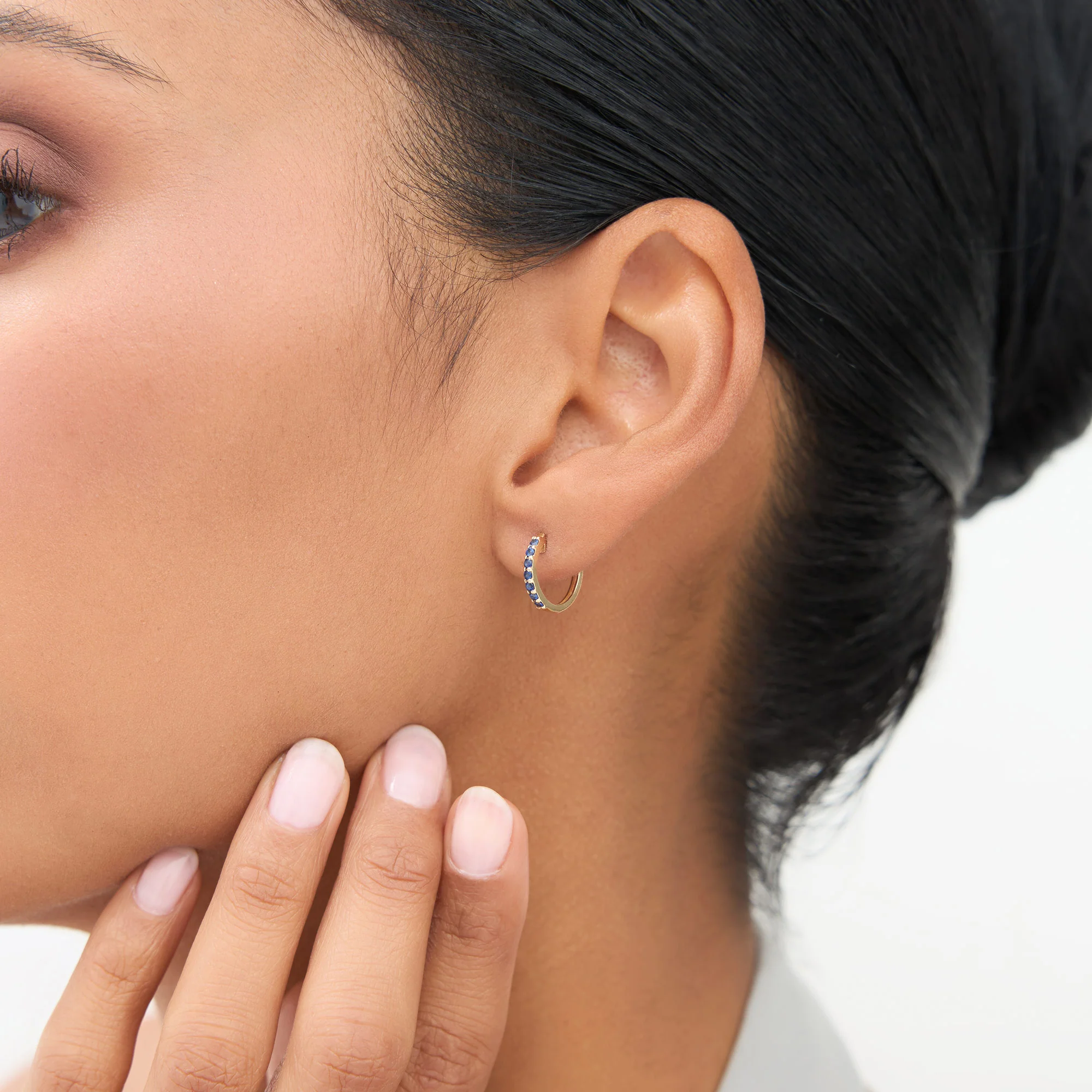 14K Gold Sapphire Huggie Hoop Earrings - Image 3