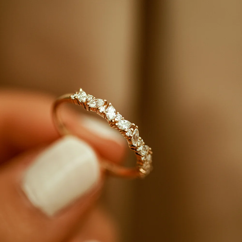 14K Gold Slanted Marquise and Round Diamond Ring - Image 3