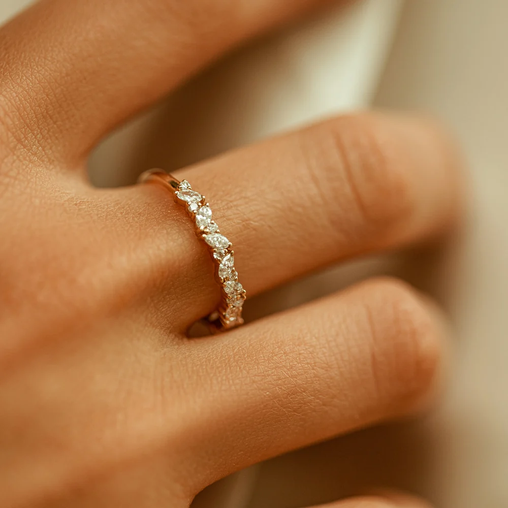 14K Gold Slanted Marquise and Round Diamond Ring - Image 5