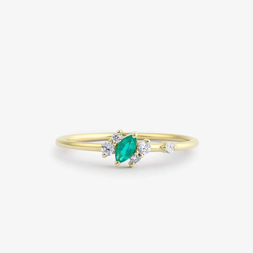 14k Slanted Marquise Emerald and Diamond Ring