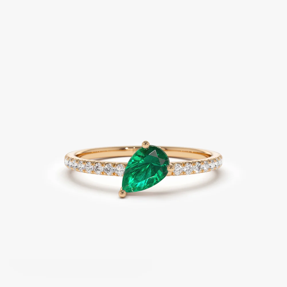 14k Slanted Pear Shape Emerald Ring with Pave Diamonds - Image 5