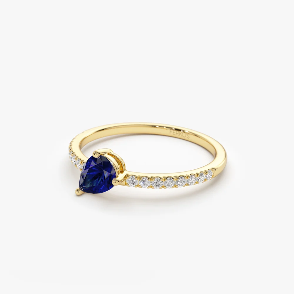 14k Slanted Pear Shape Sapphire Ring with Pave Diamonds - Image 8