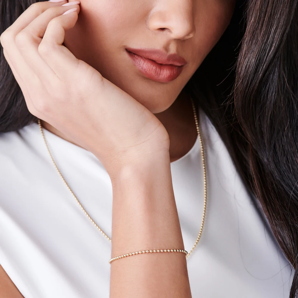 14K Solid Gold 2MM Bead Chain Bracelet - Image 3