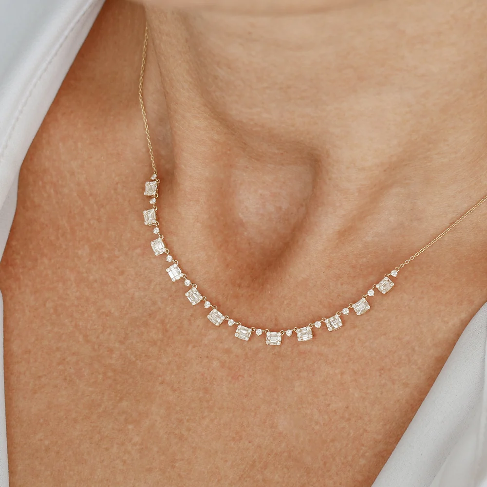 14k Solid Gold Illusion Setting Baguette Diamond Statement Necklace - Image 3