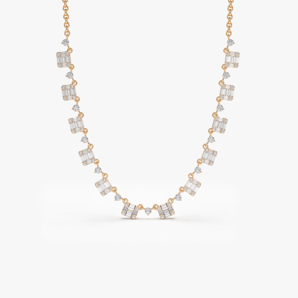 14k Solid Gold Illusion Setting Baguette Diamond Statement Necklace - Image 4
