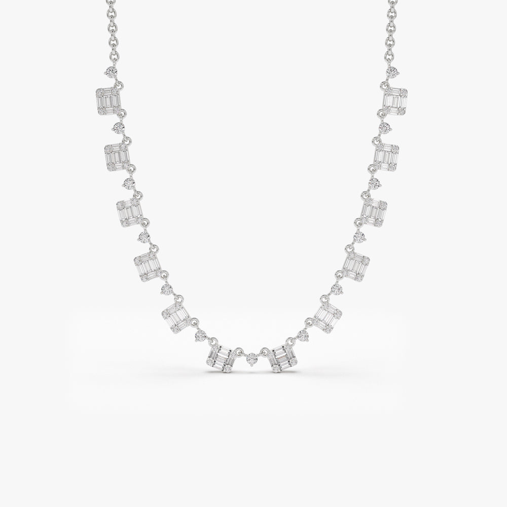 14k Solid Gold Illusion Setting Baguette Diamond Statement Necklace - Image 5