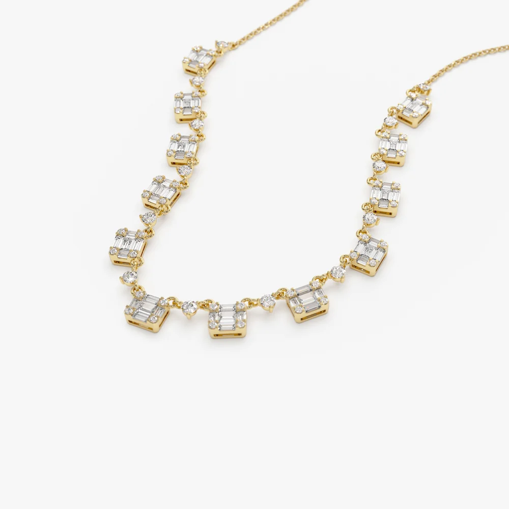 14k Solid Gold Illusion Setting Baguette Diamond Statement Necklace - Image 6