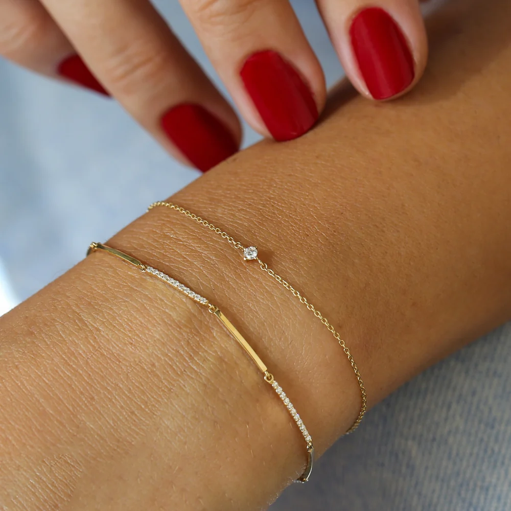 14k Solid Gold & Pave Diamond Bar Bracelet - Image 2