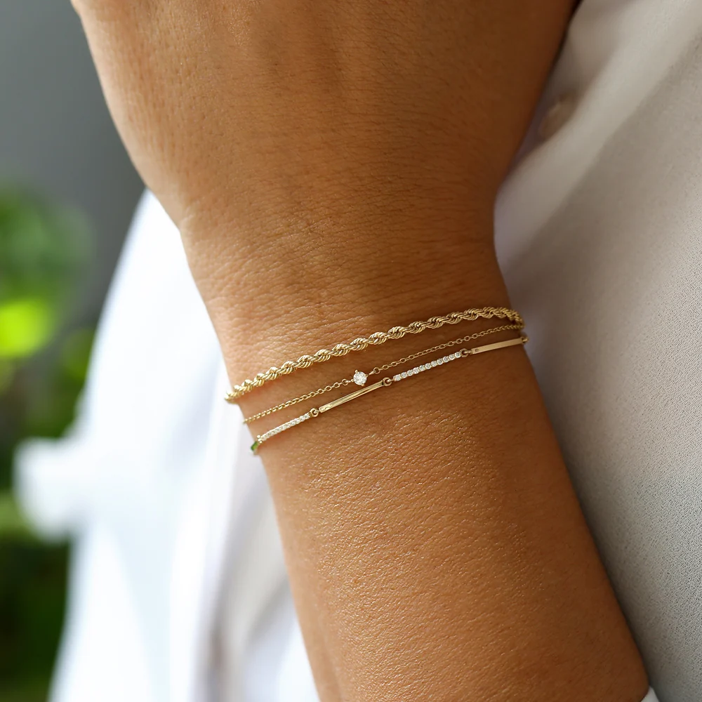 14k Solid Gold & Pave Diamond Bar Bracelet - Image 3