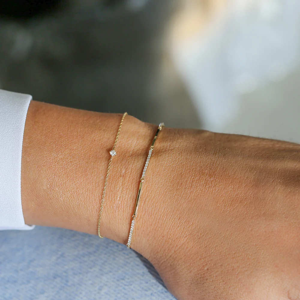 14k Solid Gold & Pave Diamond Bar Bracelet - Image 4