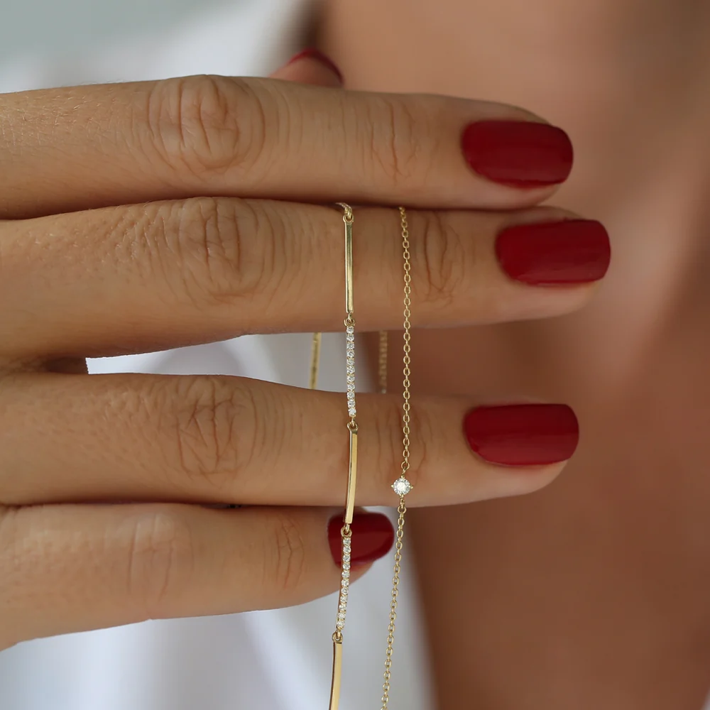 14k Solid Gold & Pave Diamond Bar Bracelet - Image 5