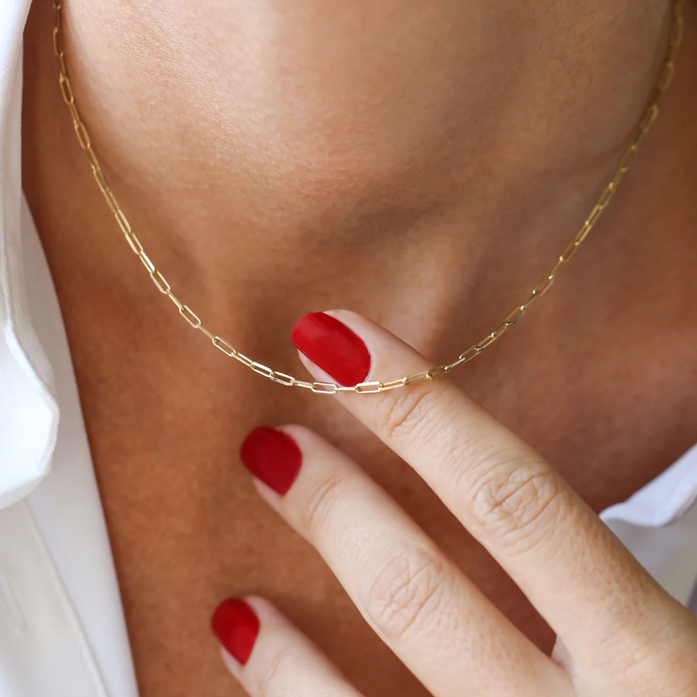 14k Solid Gold Tiny Paper Clip Link Necklace - Image 2