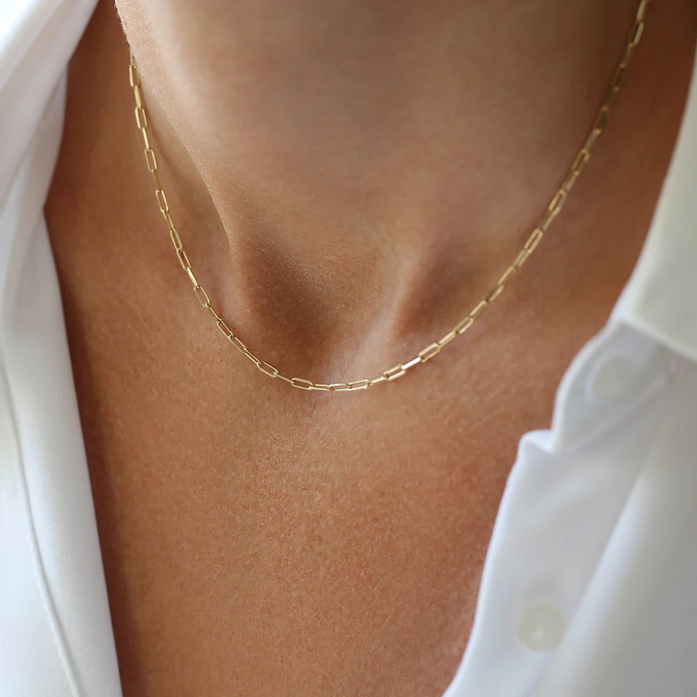 14k Solid Gold Tiny Paper Clip Link Necklace - Image 3