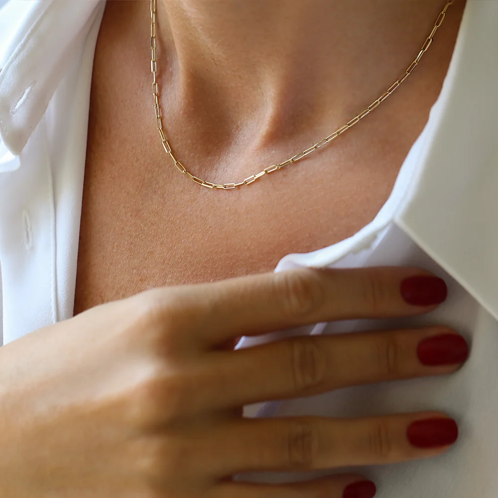 14k Solid Gold Tiny Paper Clip Link Necklace - Image 4