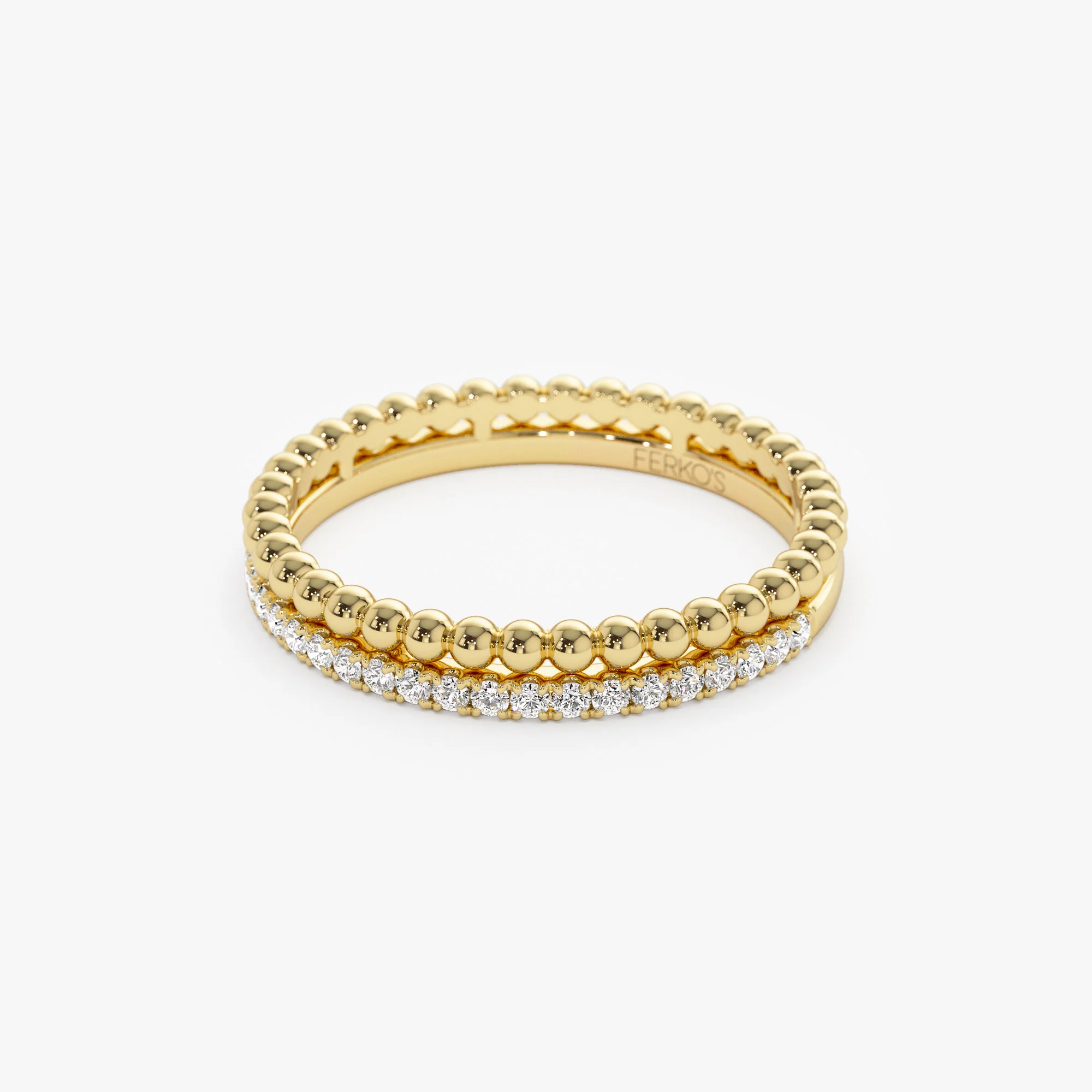 14K Stacked Beaded Ring with Diamond Ring - Image 7