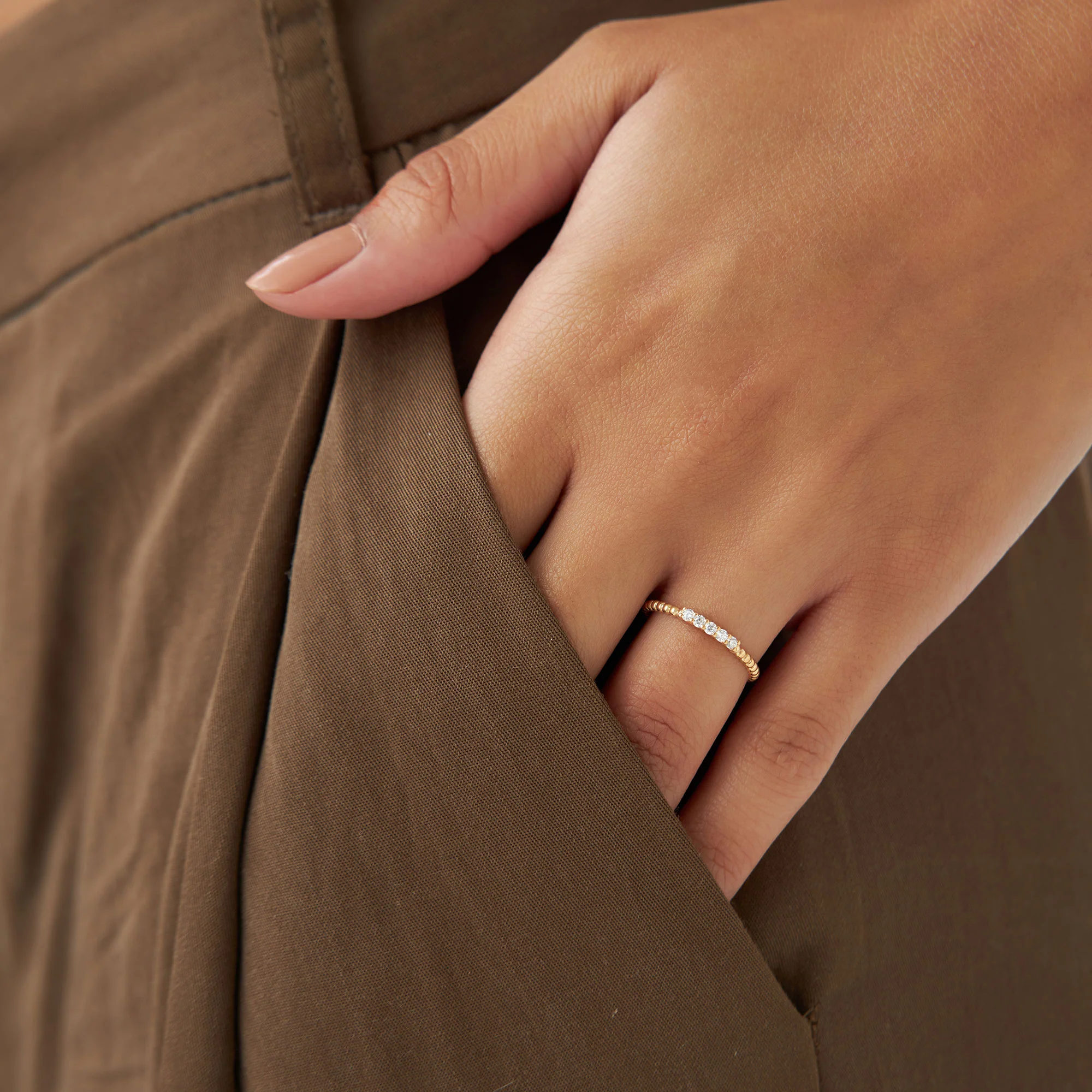 14K Stacking Dainty Beaded Diamond Band - Image 2