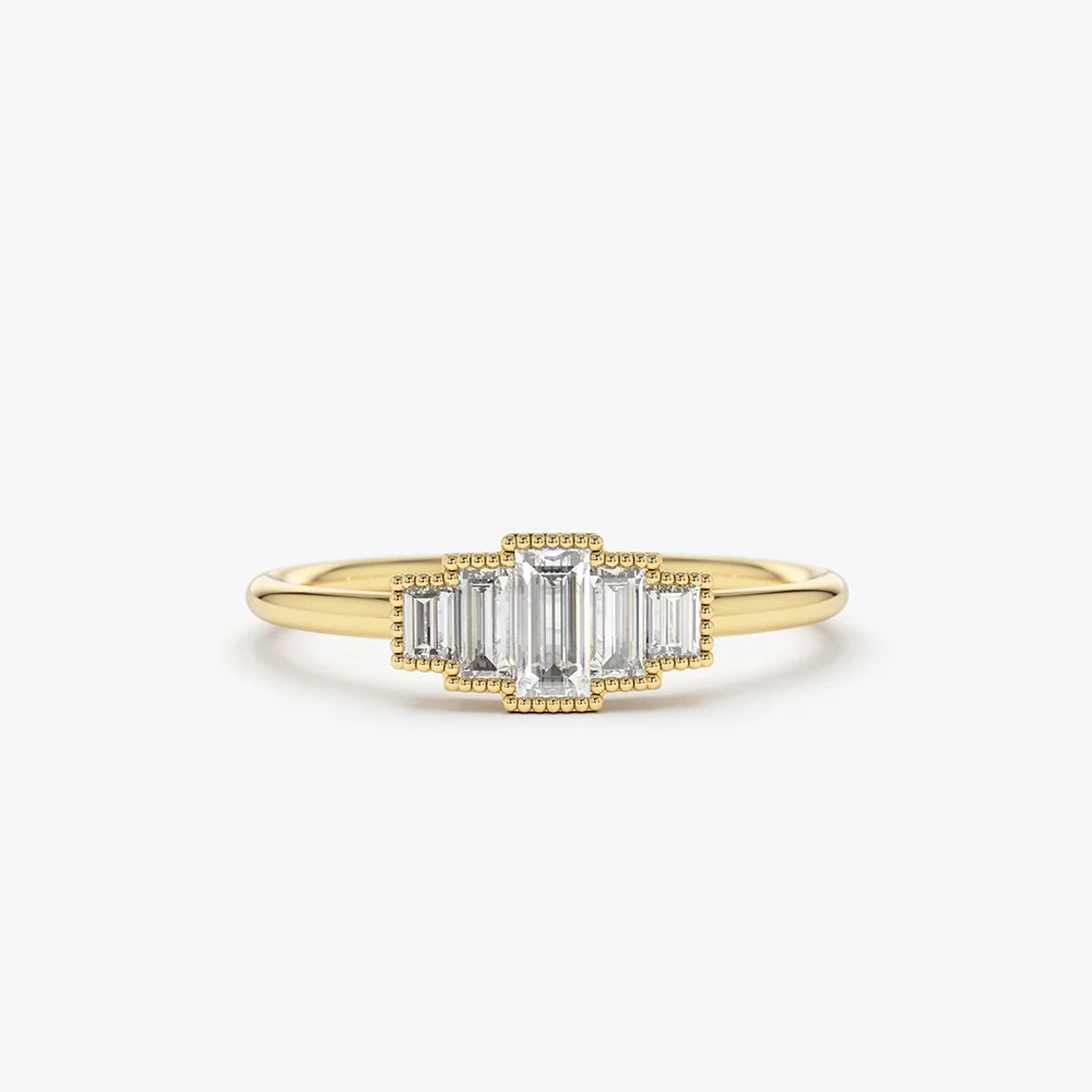 14K Gold Step Cut Baguette Diamond Ring