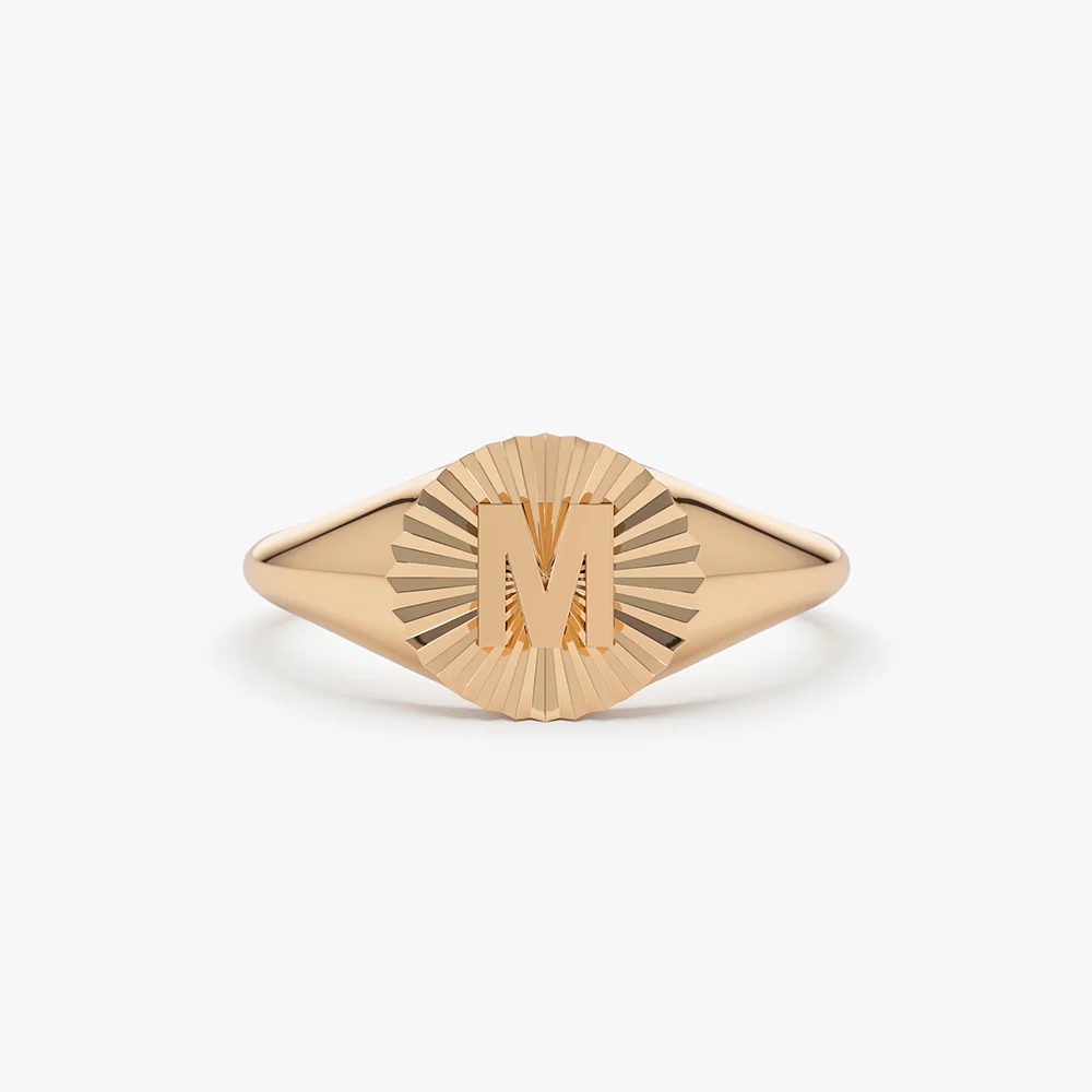 14k Sunburst Initial Signet Ring - Image 5