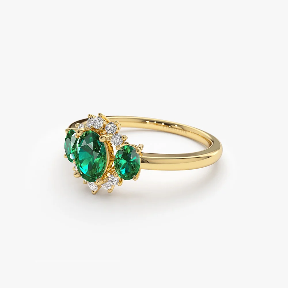 14k Three Stone Emerald Cluster Ring - Image 8