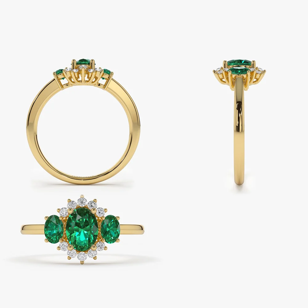 14k Three Stone Emerald Cluster Ring - Image 9