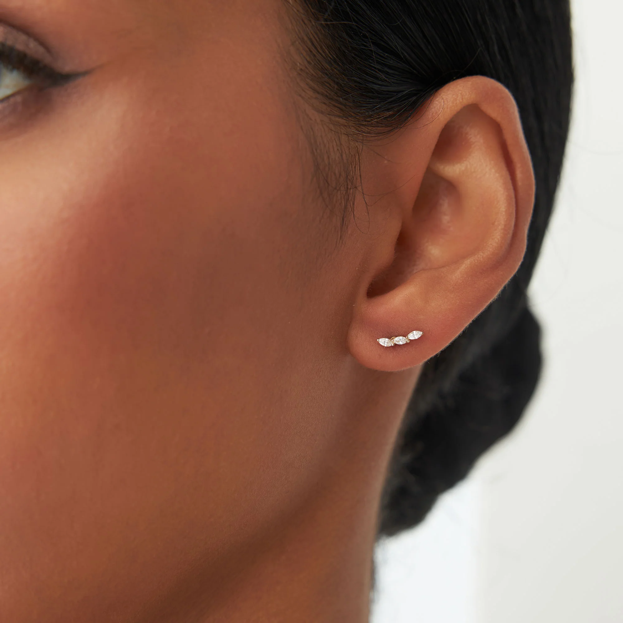 14k Three Stone Marquise Shaped Diamond Studs - Image 3