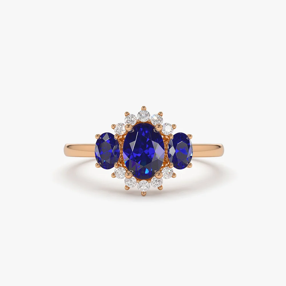 14k Three Stone Sapphire Cluster Ring - Image 5