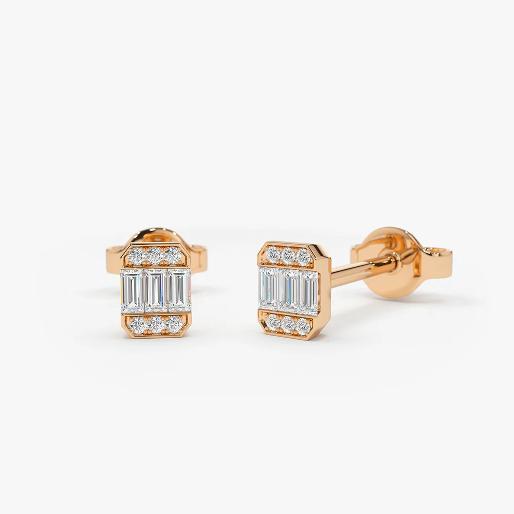 14K Tiny Baguette Diamond Stud Earrings - Image 4