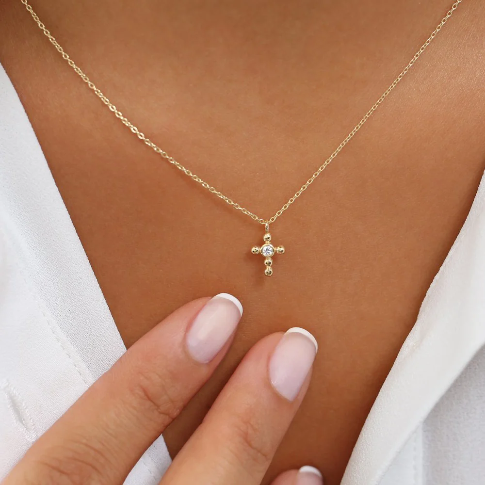 14K Gold Tiny Ball Diamond Cross Necklace - Image 4