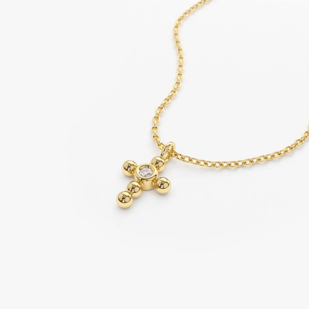 14K Gold Tiny Ball Diamond Cross Necklace - Image 7
