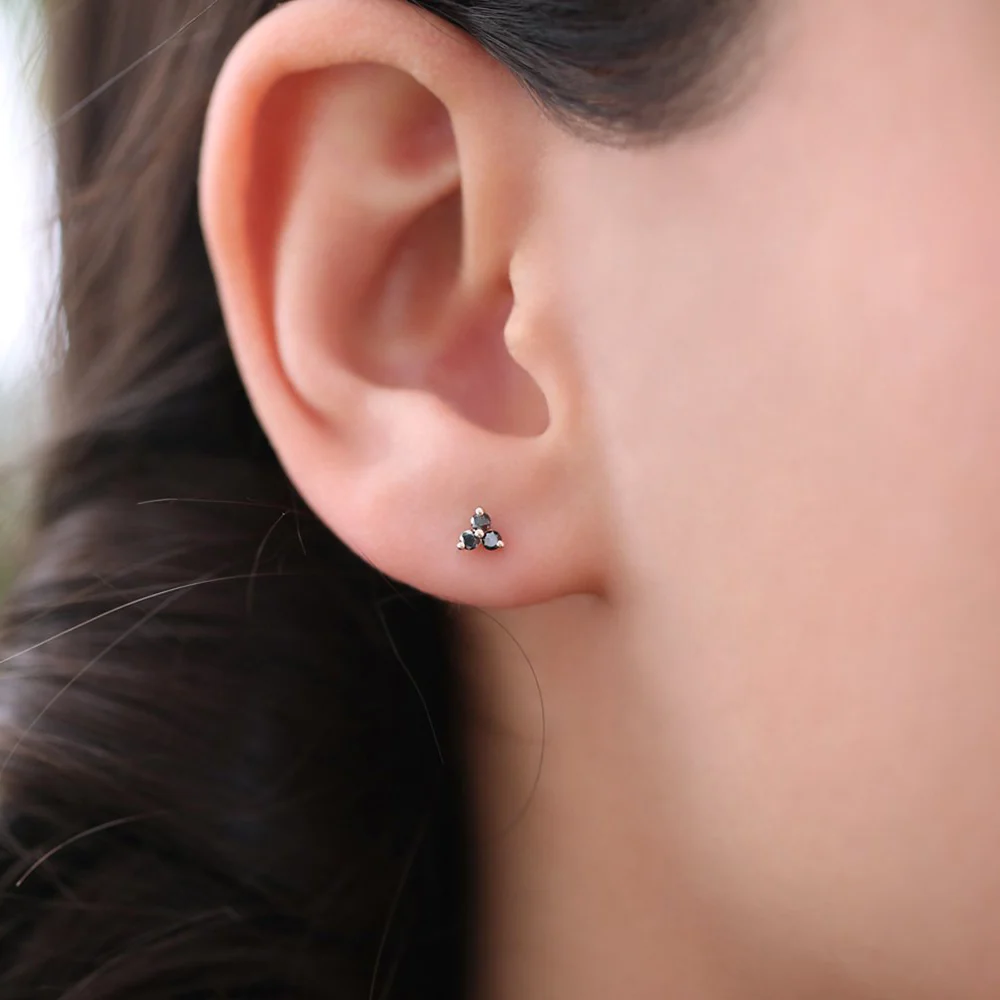 14K Gold Tiny Black Diamond Trio Stud Earrings - Image 2