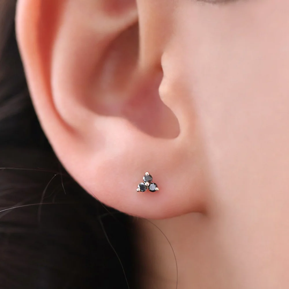 14K Gold Tiny Black Diamond Trio Stud Earrings - Image 3