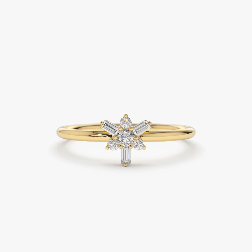 14k Triangle Shape Baguette & Round Diamond Stacking Ring