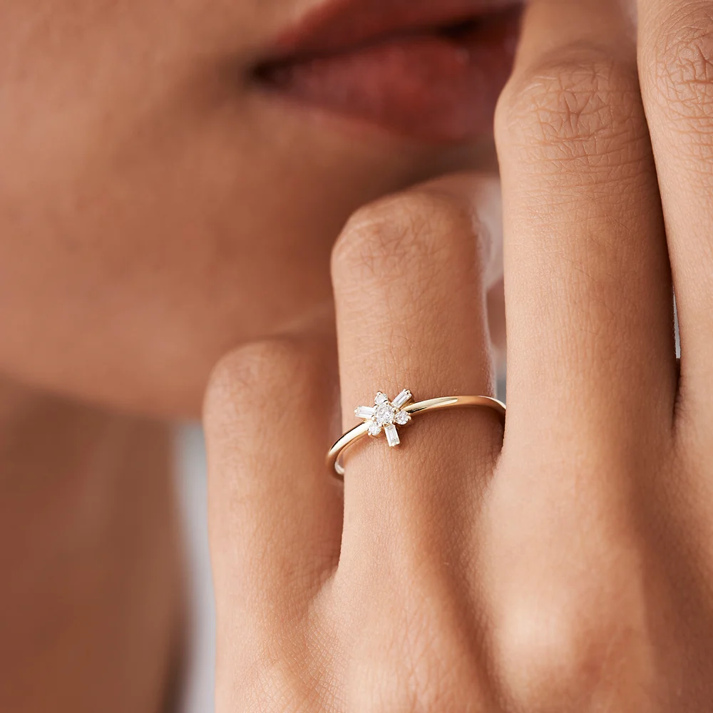14k Triangle Shape Baguette & Round Diamond Stacking Ring - Image 6