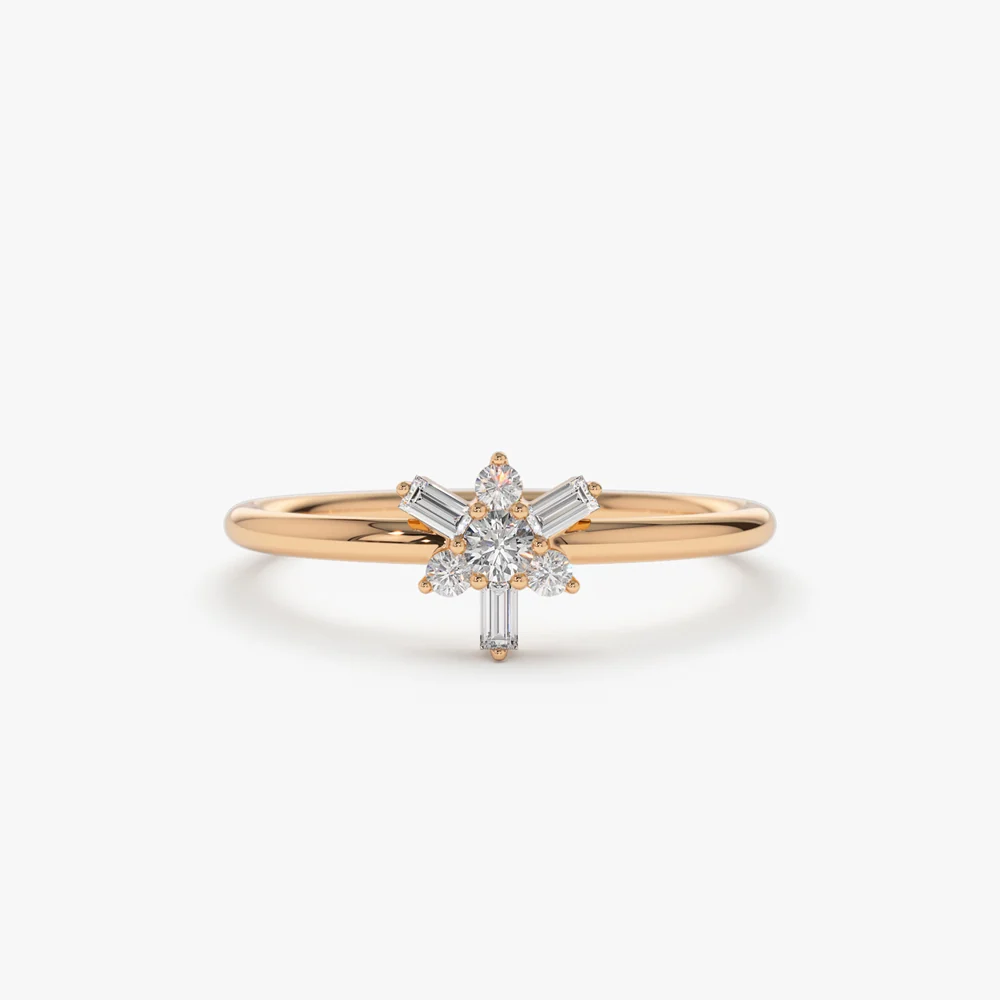 14k Triangle Shape Baguette & Round Diamond Stacking Ring - Image 7