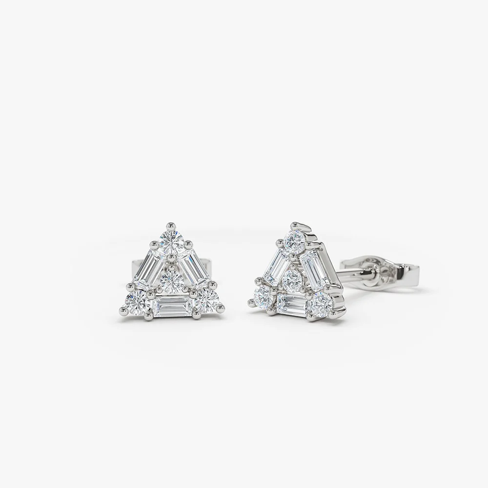 14k Triangle Shaped Round & Baguette Diamond Studs - Image 4