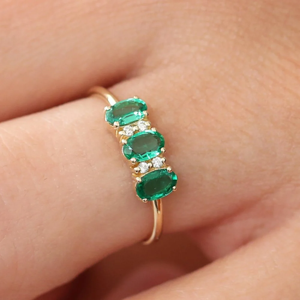 14k Triple Oval Emerald Diamond Ring - Image 2