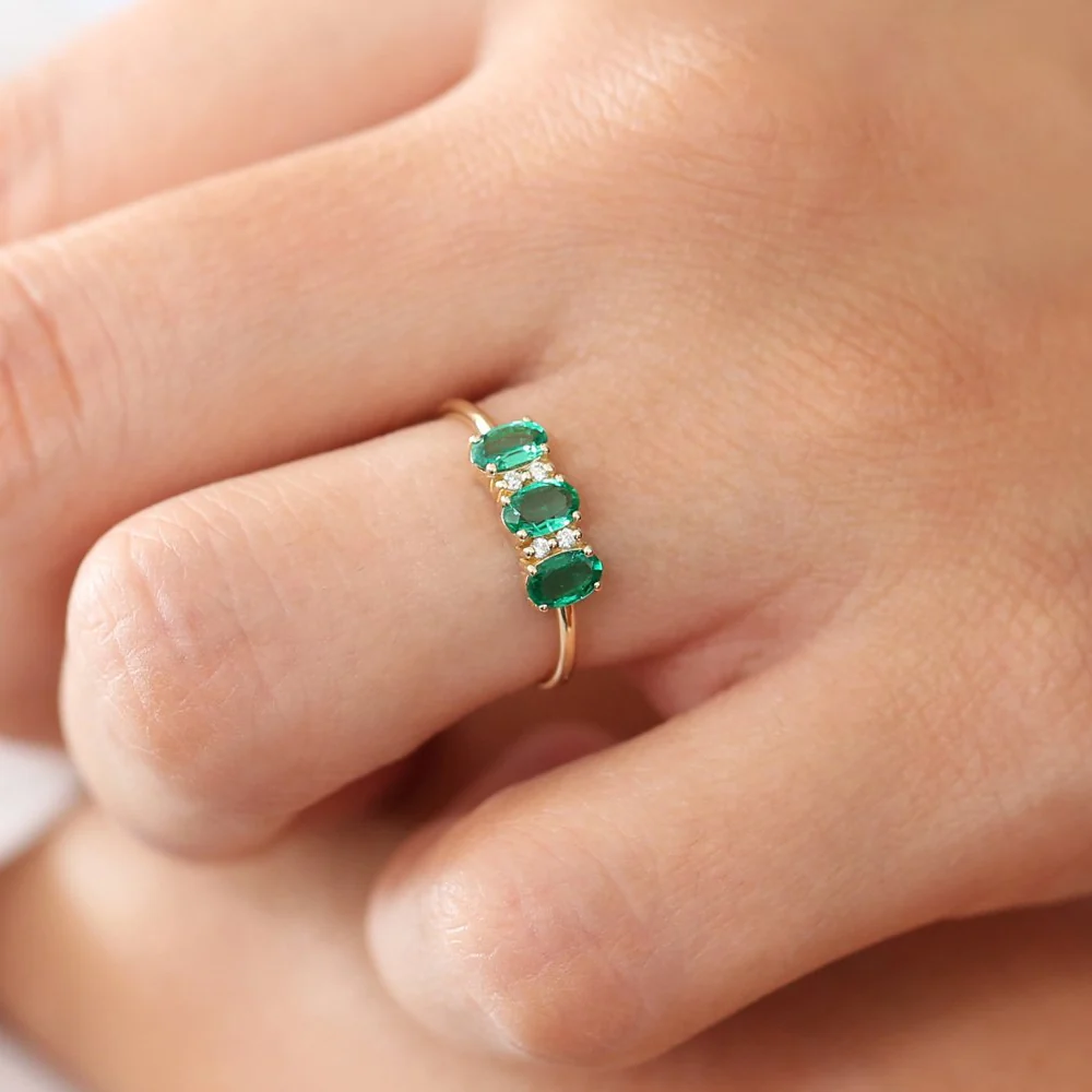 14k Triple Oval Emerald Diamond Ring - Image 3