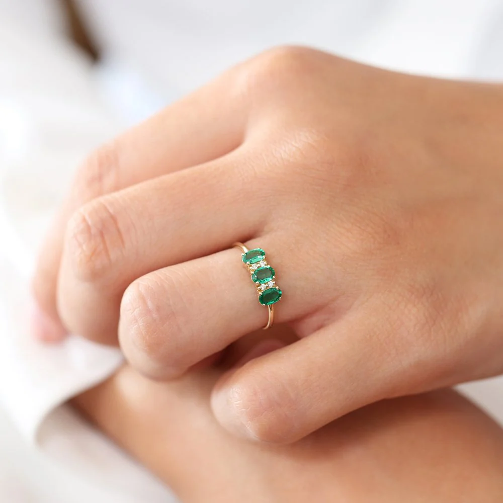 14k Triple Oval Emerald Diamond Ring - Image 4